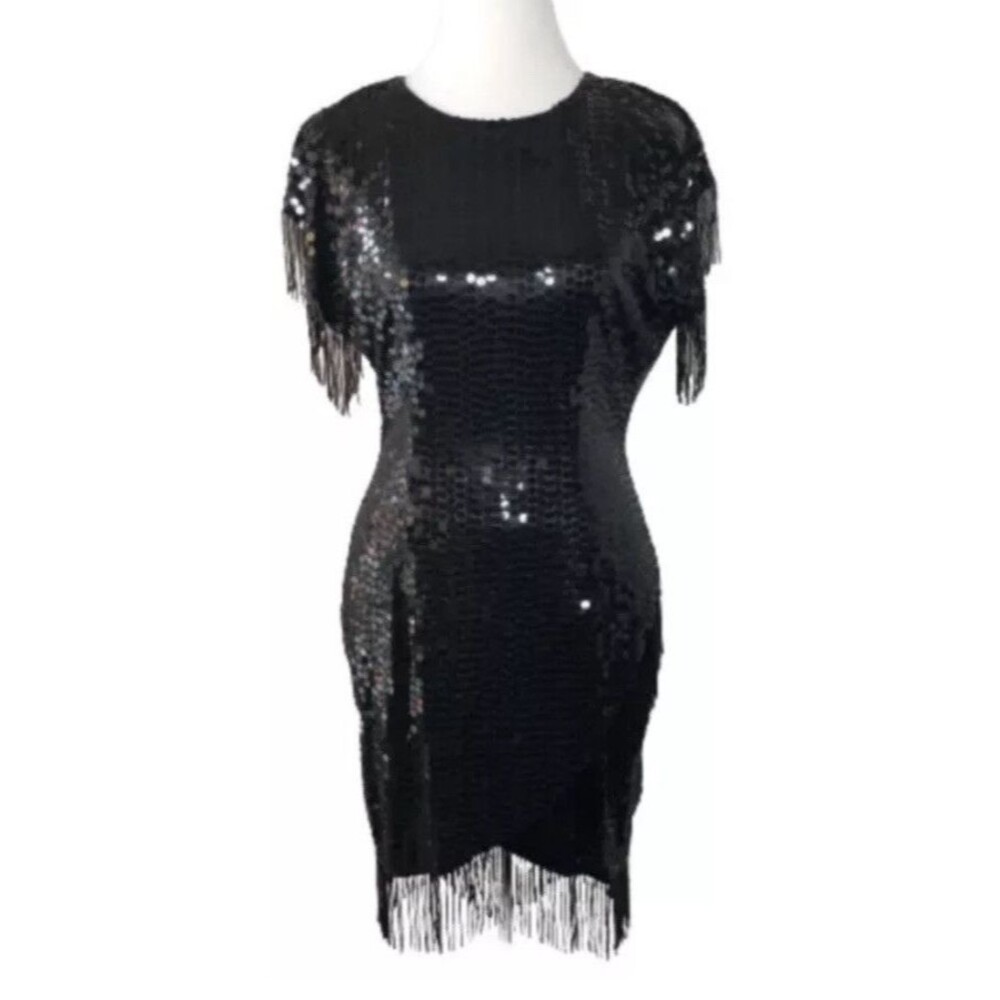 Kathryn Conover Sequin Beaded Fringe Dress 8 Keyhole Back Black Mini LBD Vtg a20